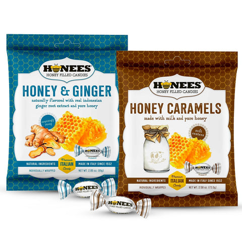 Honees Hard Candy Individually Wrapped - Variety Pack (Honey & Ginger + Honey & Caramel) - Natural & Healthy Candy, Italian Made - 2 Pack (5.7 oz)