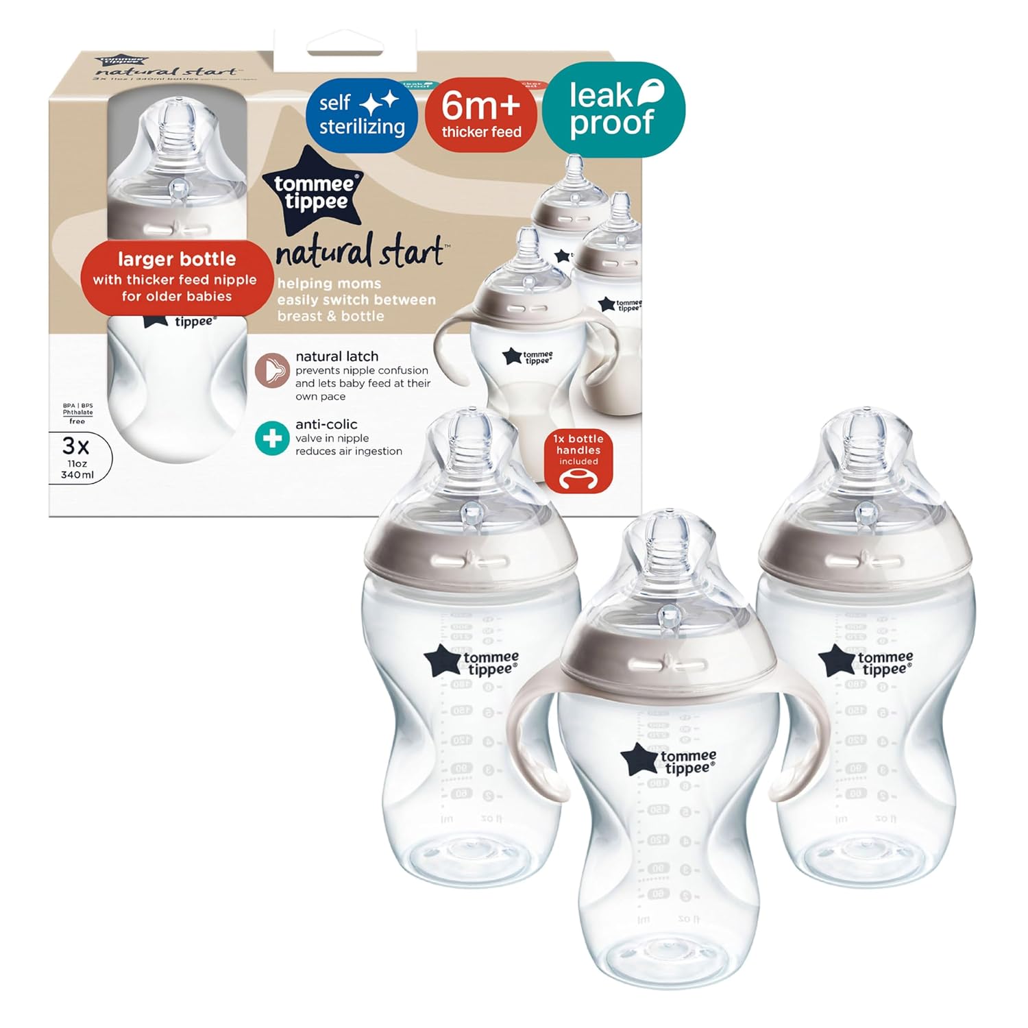 Tommee Tippee Natural Start Baby Bottles, Thicker Feed, 6m+, 11oz
