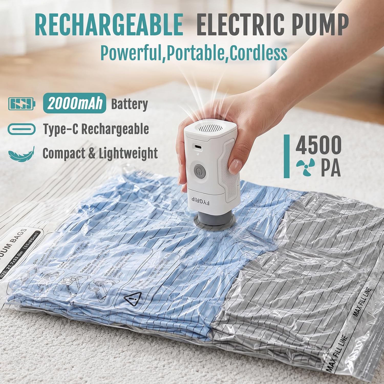 Fygrip Rechargeable Cordless Pump Vacuum Storage Bags, 12 Large
