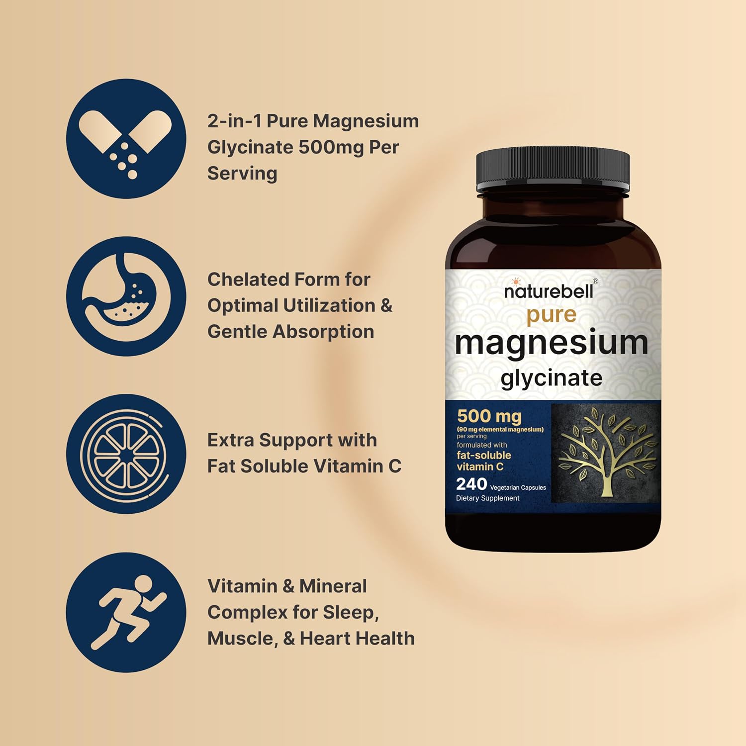 NatureBell Pure Magnesium Glycinate 500mg Per Serving, 240 Veggie Capsules