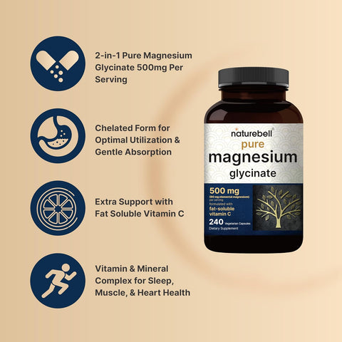NatureBell Pure Magnesium Glycinate 500mg Per Serving, 240 Veggie Capsules