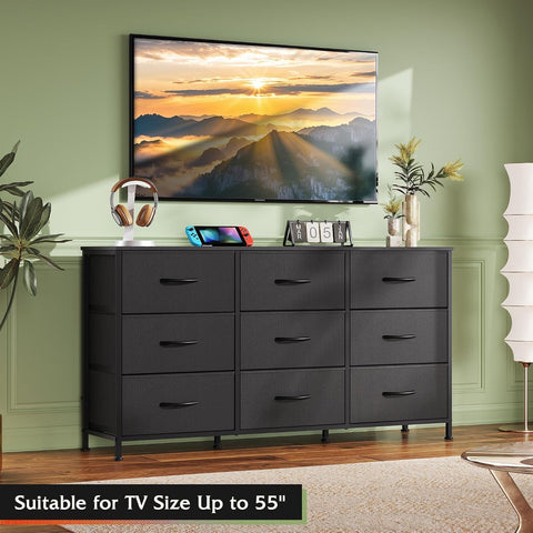 WLIVE Dresser TV Stand for 55 Inch TV, 9 Drawer Dresser for Bedroom, Black