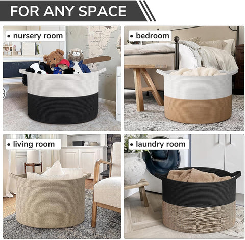 INDRESSME 115L Extra Large Woven Rope Blanket Basket Living Room WhiteBlack