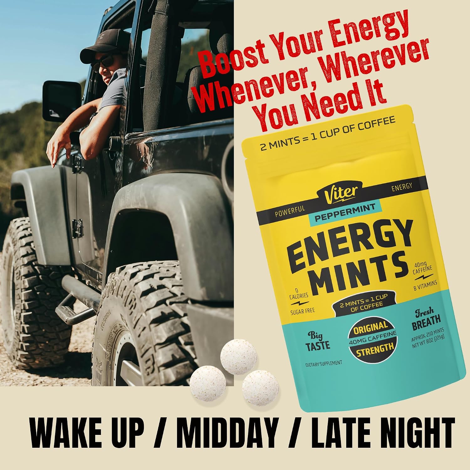 Viter Energy Caffeine Mints 40mg, Sugar Free, Peppermint, 8oz Bulk Bag
