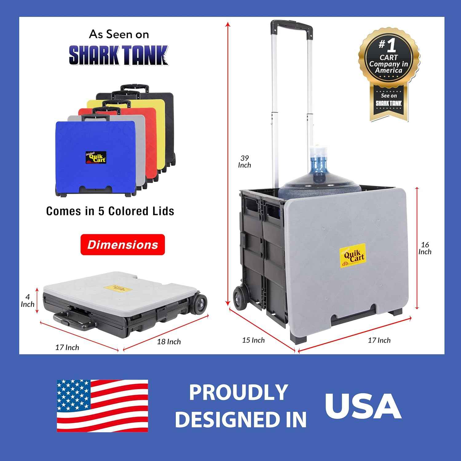 dbest Products Quik Cart Standard Collapsible Rolling Crate - Gray Lid | with Wheels, Roll Up to 80 lbs Capacity, Heavy Duty Plastic Construction, Telescoping Handle, Foldable Utility Cart