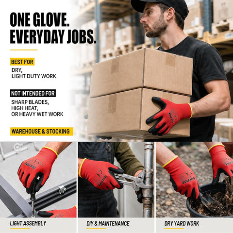 DULFINE Safety Work Gloves for Men & Women 12 Pairs, PU Coated Red XL