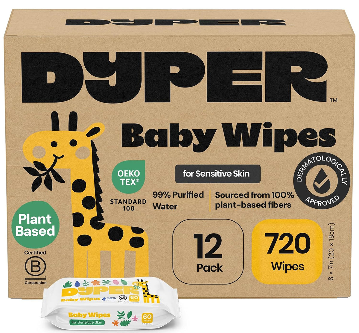 DYPER Baby Wipes 720 Count Hypoallergenic 99% Water Plant-Based Derm Tested