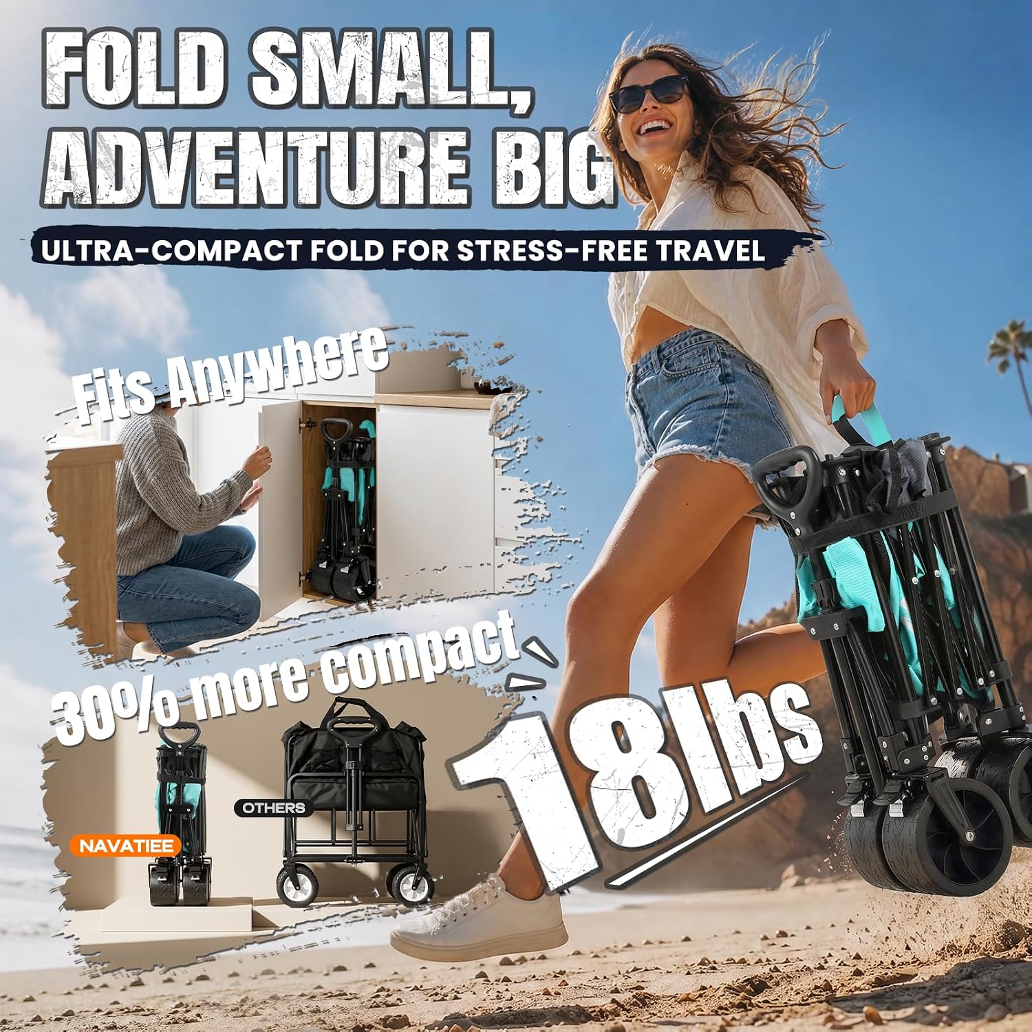 Navatiee 330Lbs Collapsible Folding Wagon, Beach Wagon Cart Heavy Duty Foldable with Big Wheels, Utility Grocery Wagon with 165L Large Capacity for Camping Garden Sports, Light Blue