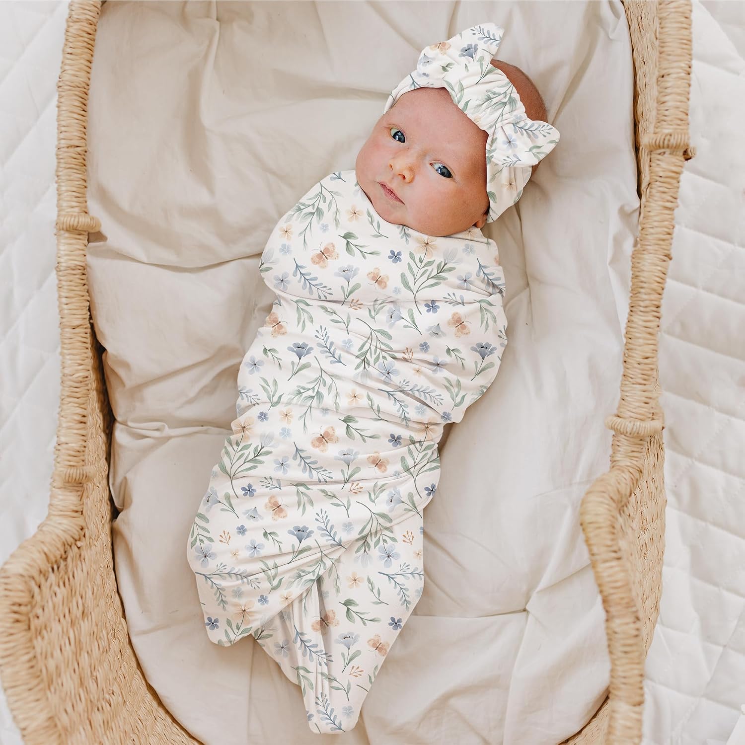 Konssy Newborn Swaddle Blanket with Beanie Hat Set, Baby Receiving Blanket
