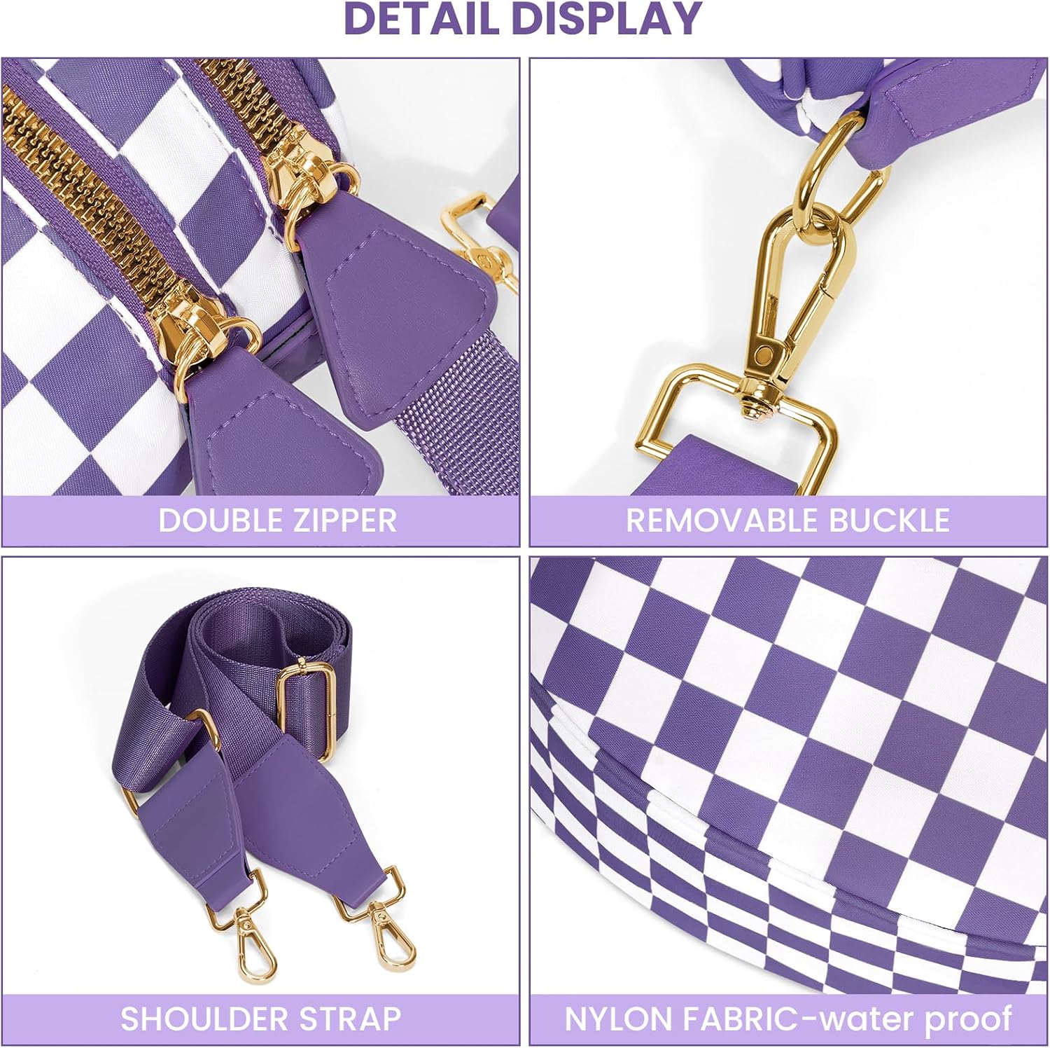 hibear Checkered Crossbody Bag Spacious Bum Bags for Women Nylon Crossbody Fanny Packs Checkered Purse Belt Wallet