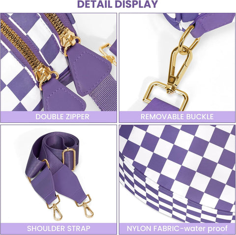 hibear Checkered Crossbody Bag Spacious Bum Bags for Women Nylon Crossbody Fanny Packs Checkered Purse Belt Wallet