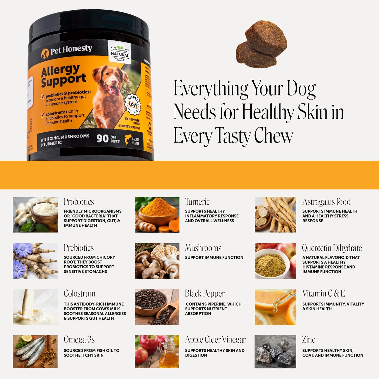 Pet Honesty Dog Allergy Chews for Itch & Allergy Relief, Salmon, 90ct