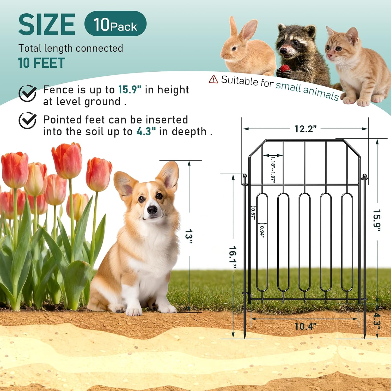 Goovilla Garden Fence, Total 10ft(L) x 21in(H), 10 Pcs, Rustproof Metal