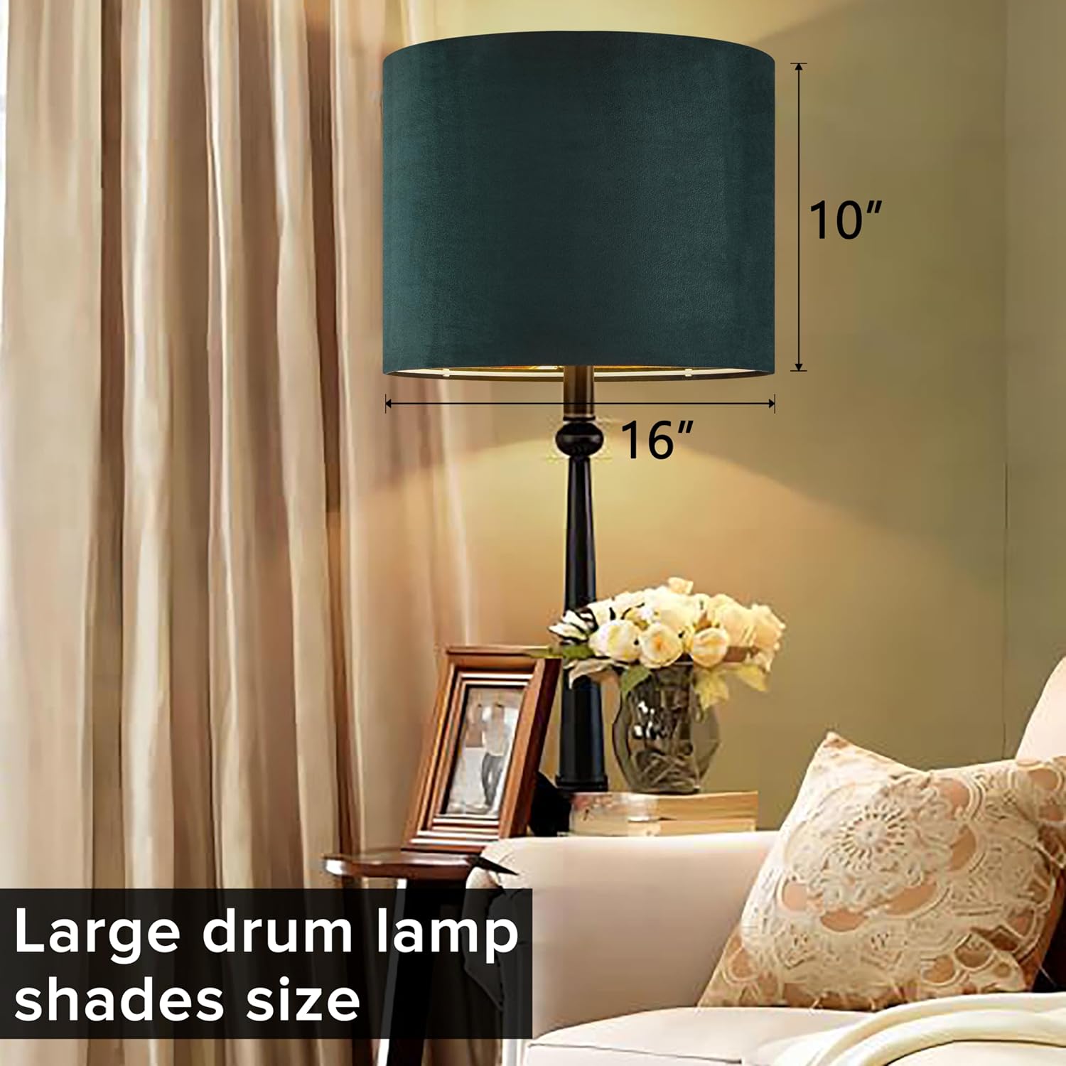 GO&SO Green Velvet Lampshades Set of 2, 16" x 16" x 10", Large Drum
