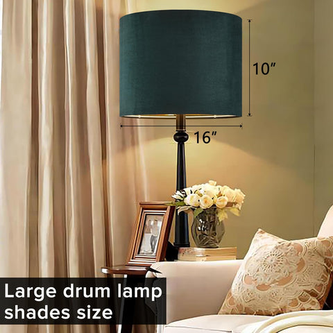GO&SO Green Velvet Lampshades Set of 2, 16" x 16" x 10", Large Drum