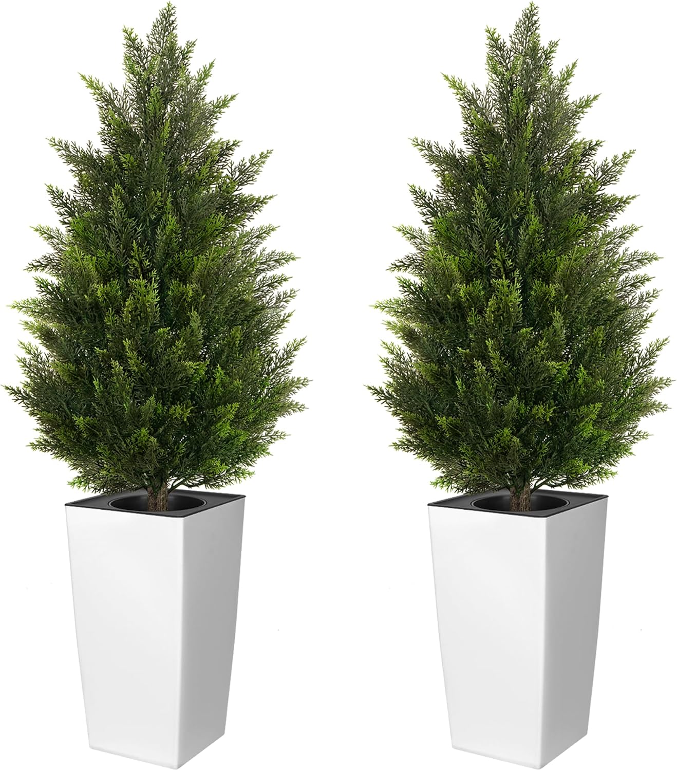 4FT Tall 2 Pack Artificial Cedar Topiary Trees with Compact Pyramidal Shape, Realistic Faux Cypress in Square White Pot with Fillable Water Bag, Outdoor Evergreen for Front Porch Garden Home Decor