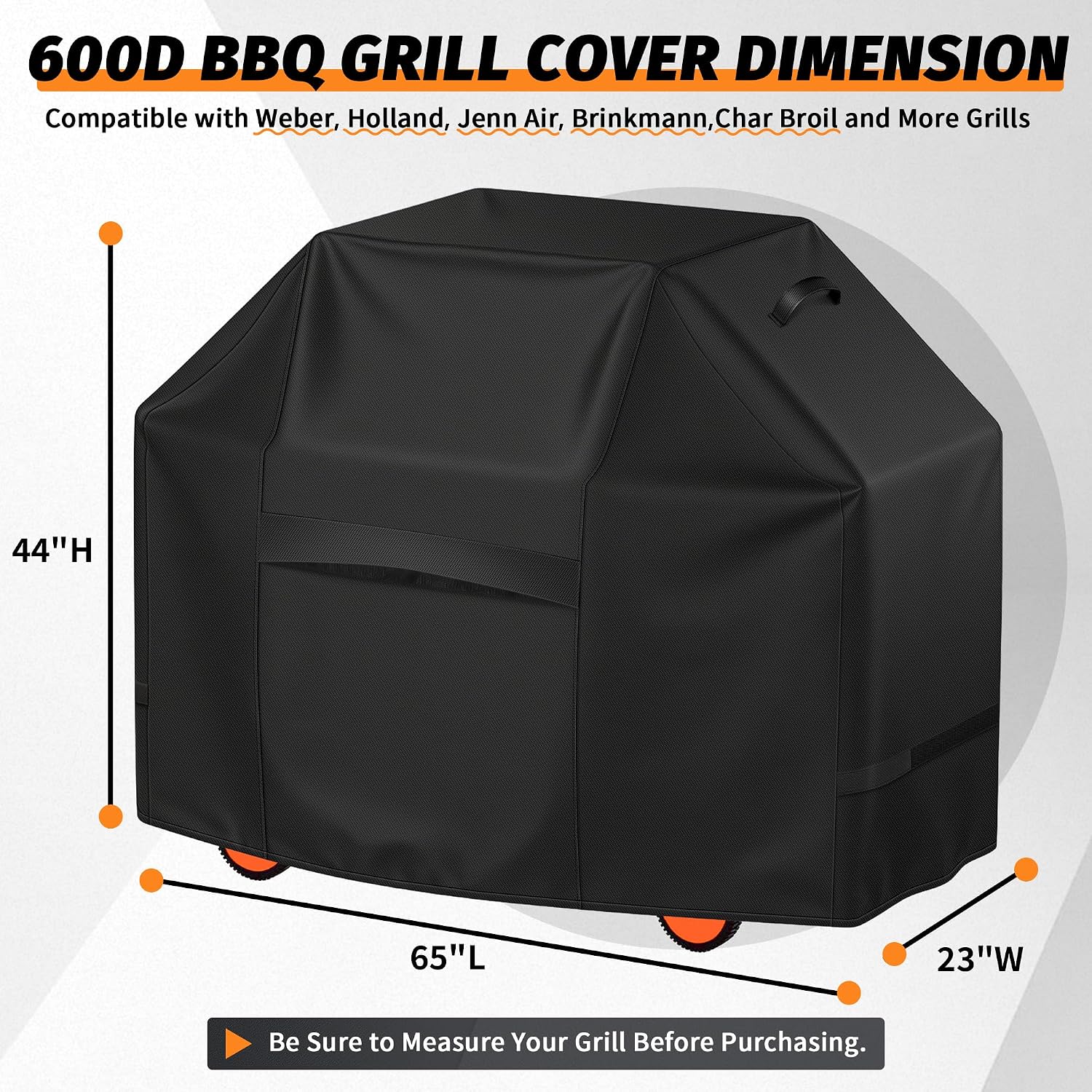 iCOVER Grill Cover 65 Inch, BBQ Grill Cover for Outdoor Grill, 600D Heavy-Duty Waterproof Gas Grill Cover BBQ Cover, Barbecue Grill Covers for Weber, Charbroil, Brinkmann, Nexgrill and More, Black