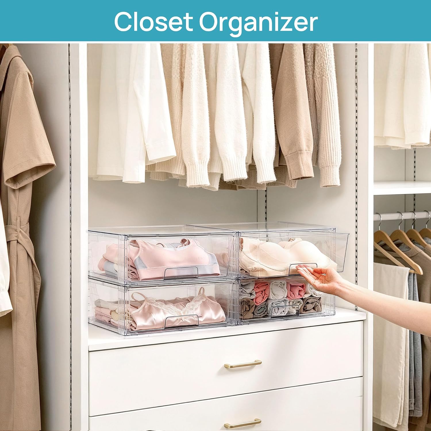 Vtopmart 6 Pack Large Clear Stackable Storage Drawers for Closet, Pantry