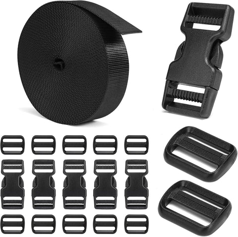 BEYOURD Buckles and Straps Set 1": 6 Yards of Thick Nylon Webbing, 6-Pack Heavy Duty Adjustable Quick Side Release Plastic Buckles, 12 Tri-Glide Slide Clips, Black (1-Inch Combo Set)
