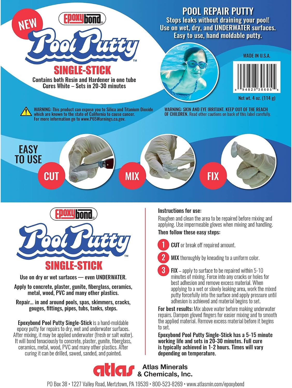Single-Stick 4 oz | Pool & Spa Repair | Easy for Anyone to DIY | Works Underwater or Above | Fix Cracks Leaks in Concrete, Fiberglass & Other Surfaces | by Atlas Minerals