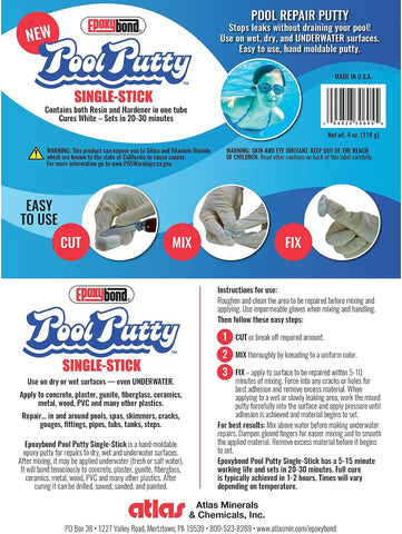 Single-Stick 4 oz | Pool & Spa Repair | Easy for Anyone to DIY | Works Underwater or Above | Fix Cracks Leaks in Concrete, Fiberglass & Other Surfaces | by Atlas Minerals