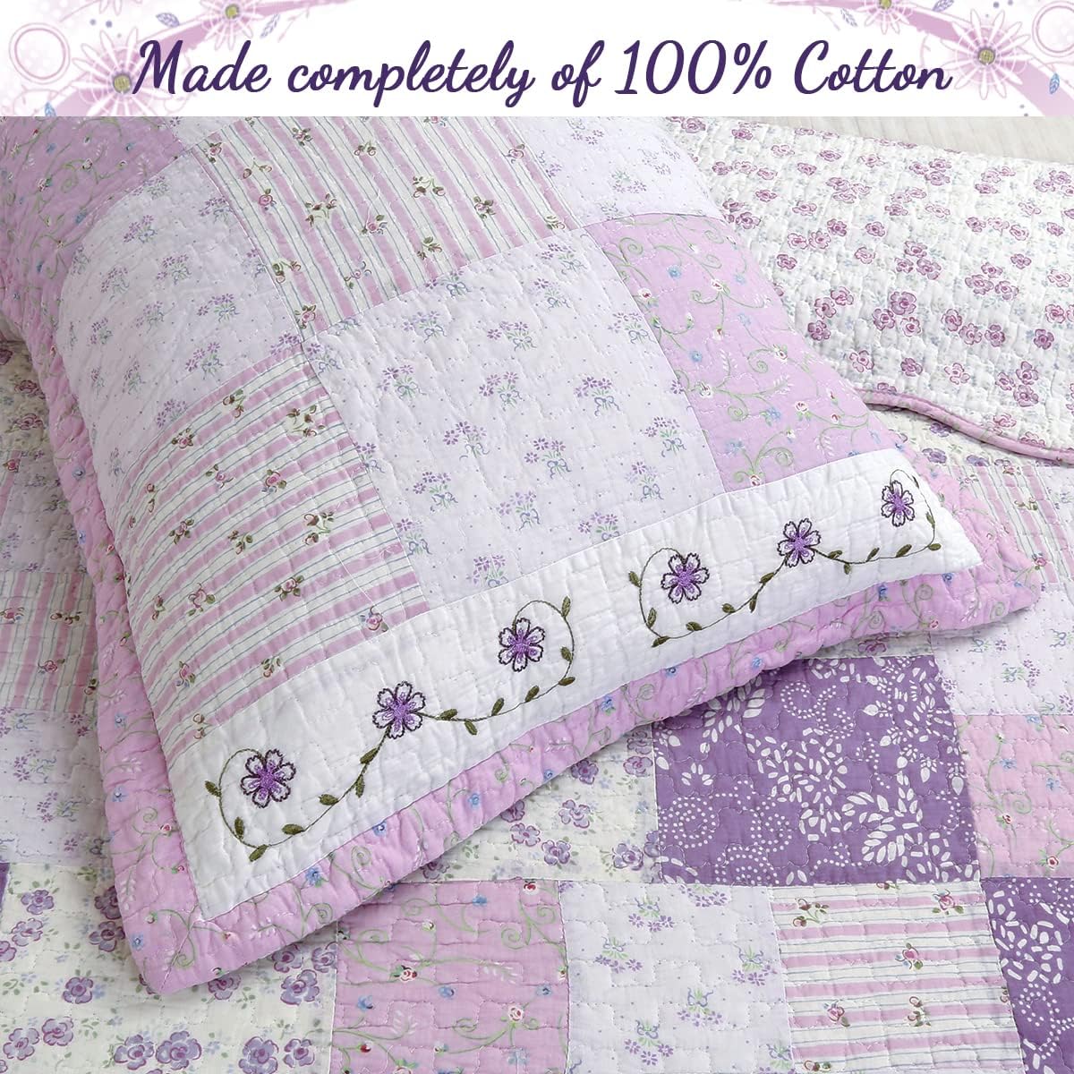 Cozy Line Home Fashions 100% Cotton Hand Piecing Real Patchwork Love of Lilac Bedding Quilt Set, Purple Orchid Lavender Chic Lace Floral Reversible Coverlet, Bedspread (Lilac, Twin - 2 Piece)