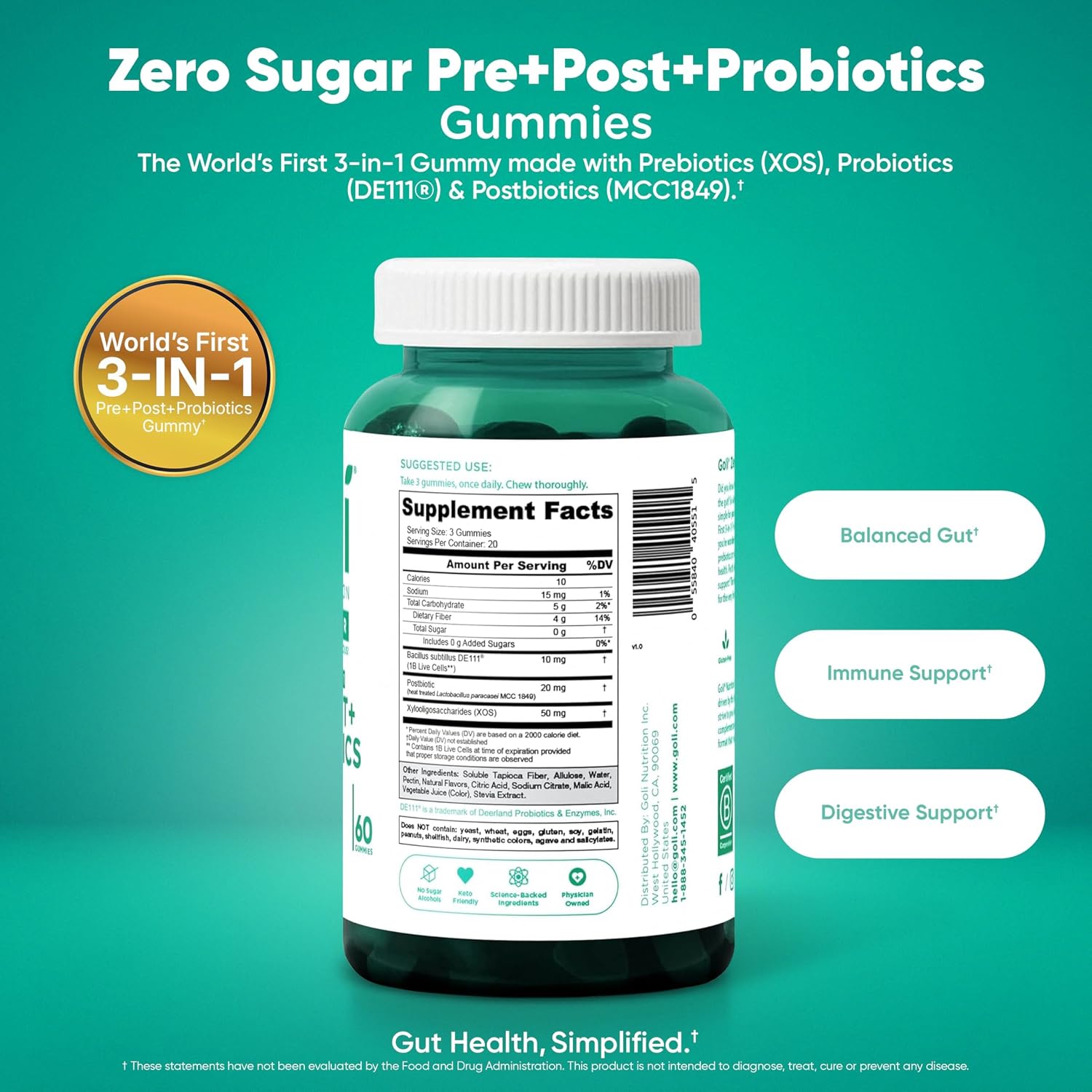 Goli Zero Sugar Trio - World's First 3-in-1 Pre, Post, Probiotic, Apple Cider Vinegar with Vitamin B12 and Probiotics, Ashwagandha & L-Theanine, Vitamin D Gummies, 180 Count (3-Bottle Set)