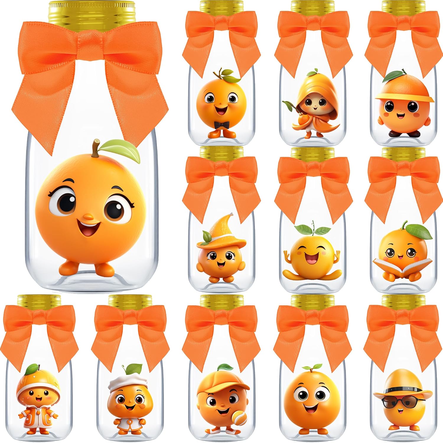 Ethisa Small 12 Pack Little Cutie Baby Shower Party Favors - Candy Jars with Ribbons and Stickers - DIY Party Decoration Bottles for Little Cutie is on the Way Gender Reveal - Orange Table Centerpiece