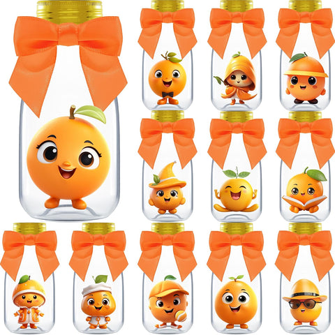 Ethisa Small 12 Pack Little Cutie Baby Shower Party Favors - Candy Jars with Ribbons and Stickers - DIY Party Decoration Bottles for Little Cutie is on the Way Gender Reveal - Orange Table Centerpiece