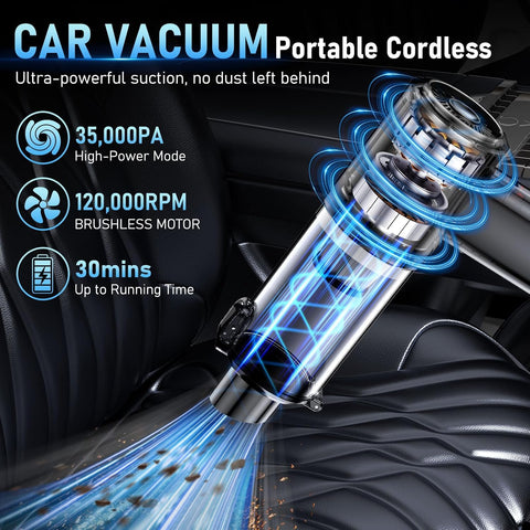 Car Vacuum Portable Cordless, 35000Pa High Power Brushless Motor Handheld Vacuum, 6-in-1 Rechargeable Mini Cleaner with Air Duster for Car, Home, Pet Hair, Keyboard, Grey