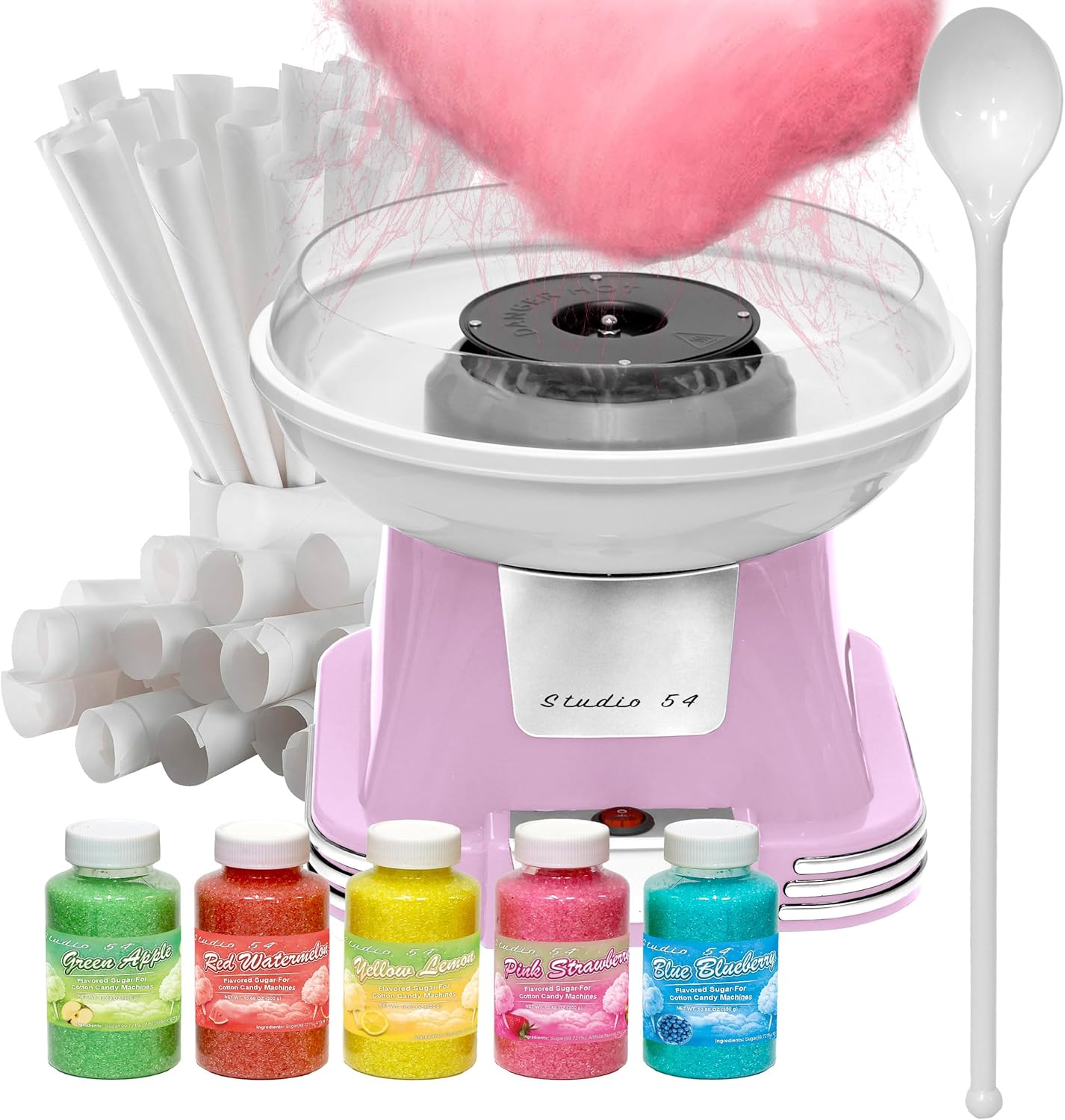Retro Cotton Candy Machine with 5 Jars (11oz Each) Floss Sugar, 50 Paper Cones, Easy Cleanup Cotton Candy Maker, Durable Retro Design, Makes 20–30 Servings per Jar, BPA & Lead Free