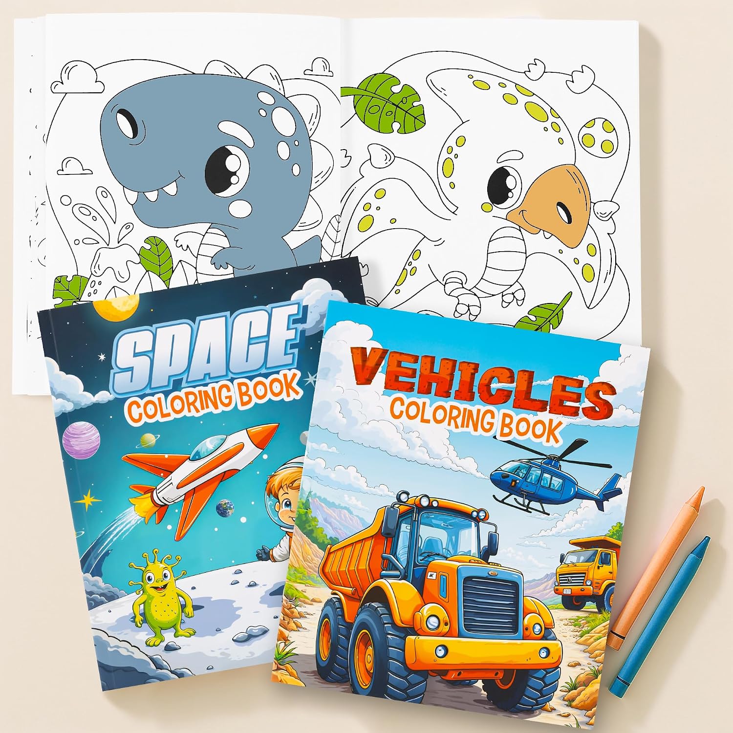 ZICOTO Fun Coloring Books for Kids Set of 3 - Dinosaur, Space & Trucks