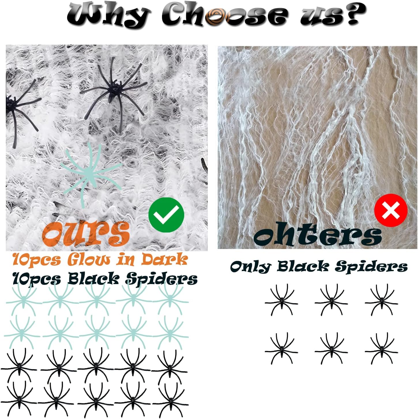 300 sqft Spider Webs Halloween Decorations, Super Stretchy Web Cobwebs with 10 Glow Fake and Creepy Black Spiders White Webbing Haunted House Party Supplies Spooky Home Office Yard Decor