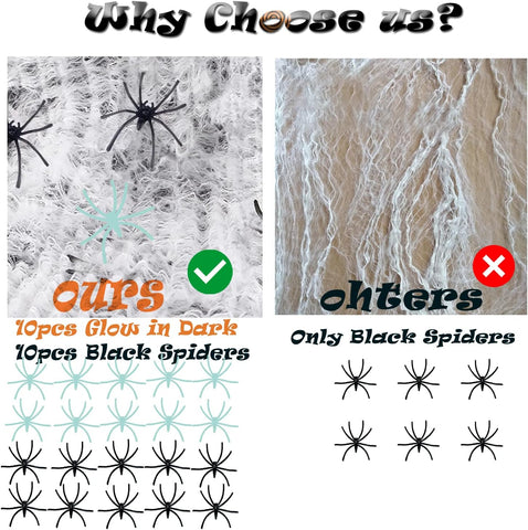 300 sqft Spider Webs Halloween Decorations, Super Stretchy Web Cobwebs with 10 Glow Fake and Creepy Black Spiders White Webbing Haunted House Party Supplies Spooky Home Office Yard Decor