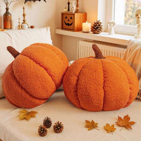 Lanpn Fall Pumpkin Pillows Set of 2, Halloween Decoration Decorative Throw Pillows Soft Fleece Sherpa Cute 3D Shaped Cushion for Sofa Couch Bedroom Halloween Thanksgiving Decor (Orange, 14.2x10.2in)