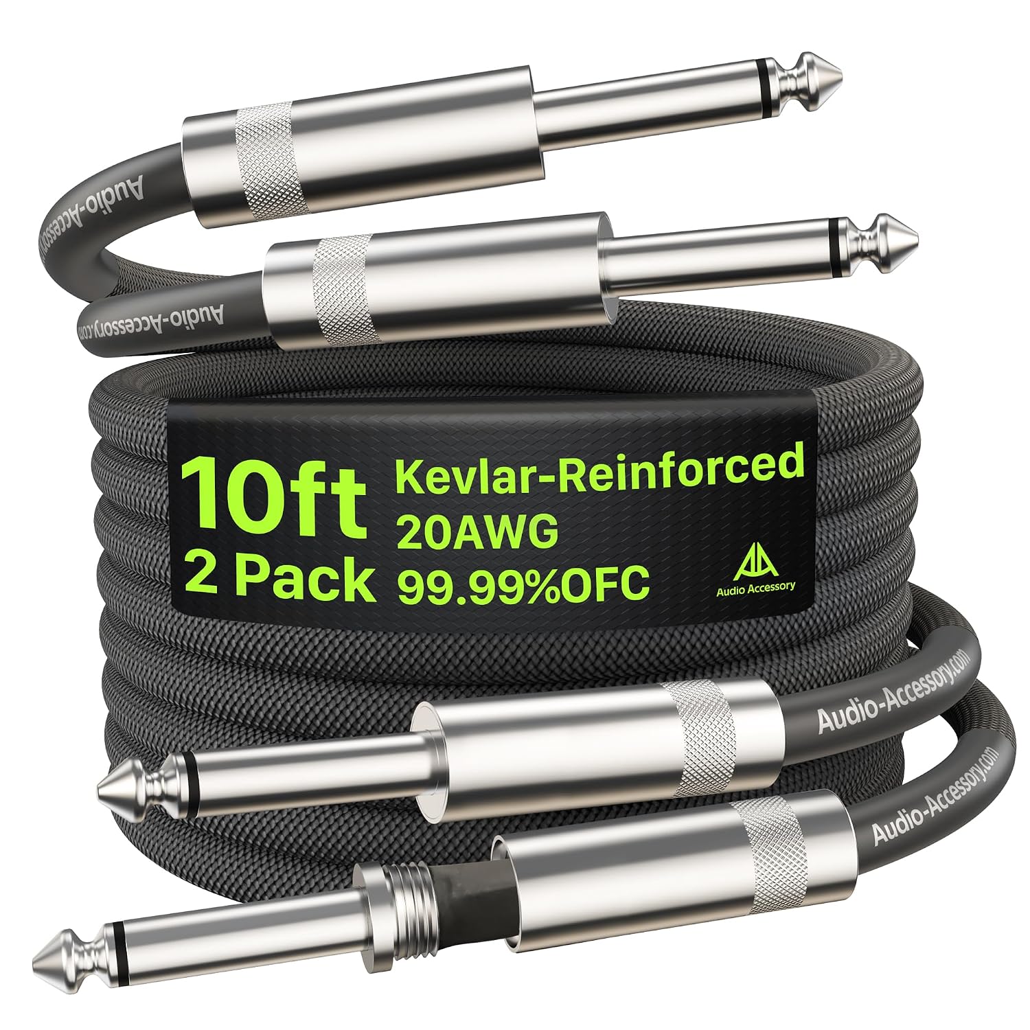 Guitar Cable 10 ft/3M 2 Pack, Kevlar-Reinforced 20AWG 99.99% OFC, 10X Heavy-Duty Nylon Braided, Heat-Shrink Protected 1/4 Instrument Cable, Shielded Amp Cord for Fender Electric Guitar
