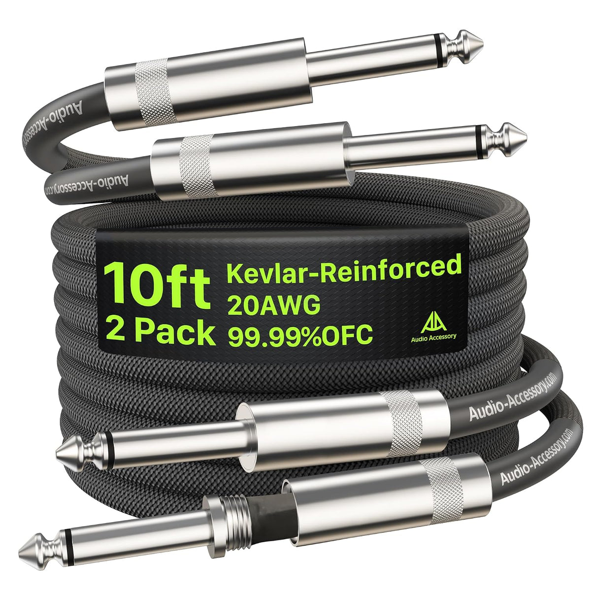 Guitar Cable 10 ft/3M 2 Pack, Kevlar-Reinforced 20AWG 99.99% OFC, 10X Heavy-Duty Nylon Braided, Heat-Shrink Protected 1/4 Instrument Cable, Shielded Amp Cord for Fender Electric Guitar