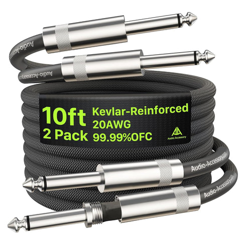 Guitar Cable 10 ft/3M 2 Pack, Kevlar-Reinforced 20AWG 99.99% OFC, 10X Heavy-Duty Nylon Braided, Heat-Shrink Protected 1/4 Instrument Cable, Shielded Amp Cord for Fender Electric Guitar