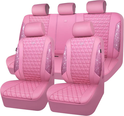 CAR PASS Bling Diamond Pink Leather Car Seat Covers Full Sets Interior Sets, Waterproof Shining Glitter Sparkly Crystal Universal Armrest Fit for Automotive Truck SUV Cute Women Girl, Pink Rhinestone