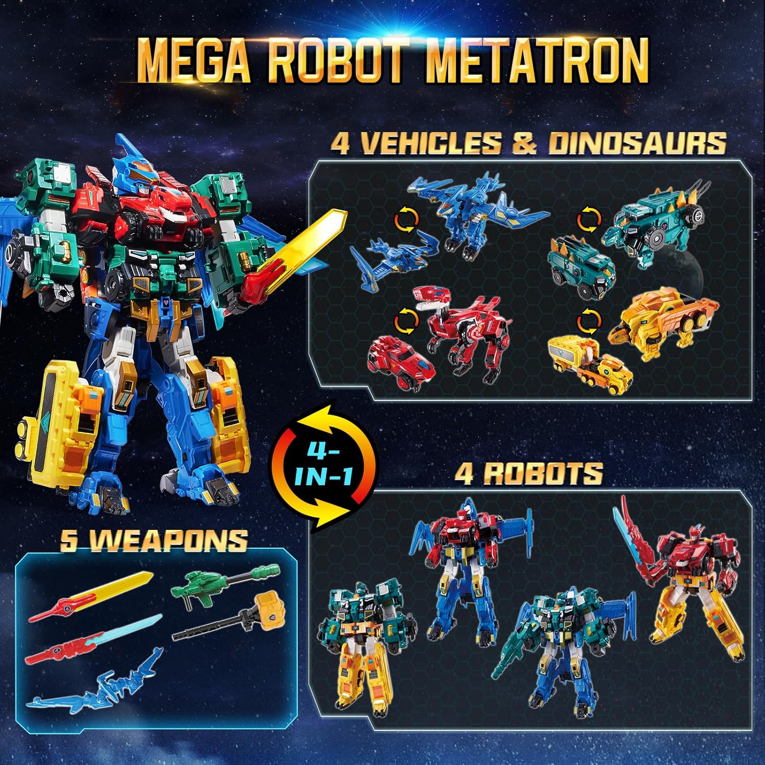 QUANTUM HEROES DINOSTER 4-in-1 Robot Mega Metatron 16.1in – Ages 5+