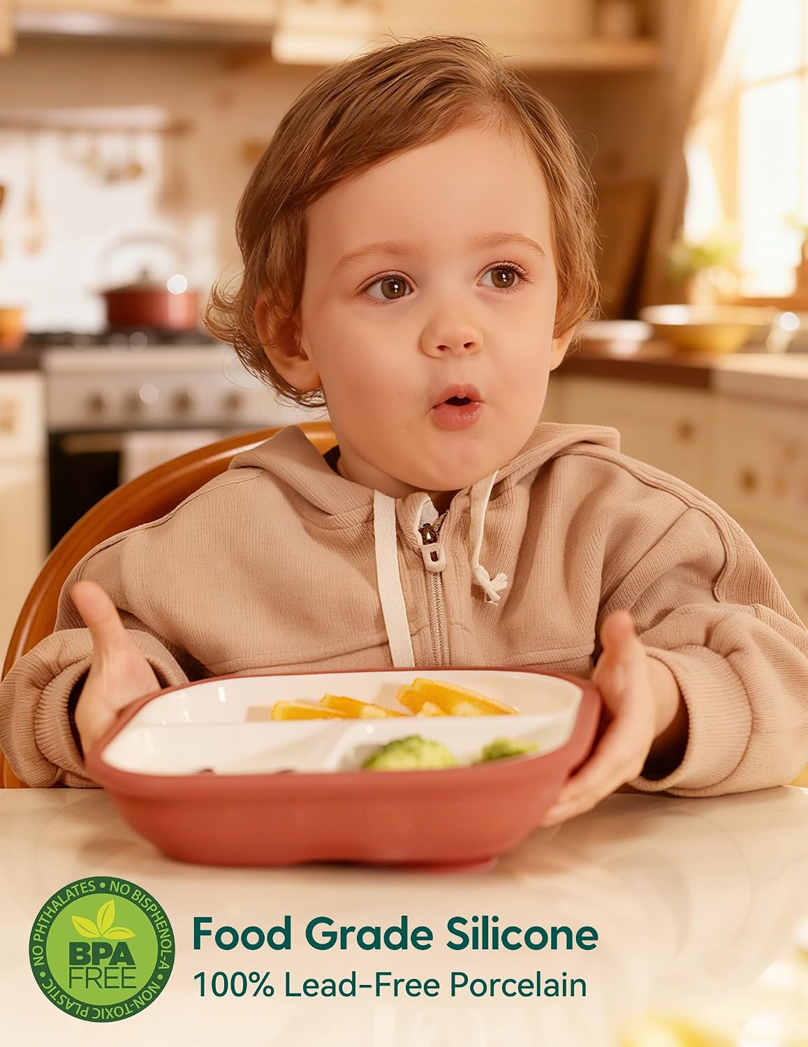 Babelio 8" Toddler Ceramic Plates with Silicone Suction Sleeves, 3 Pack
