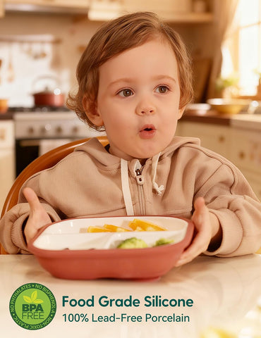 Babelio 8" Toddler Ceramic Plates with Silicone Suction Sleeves, 3 Pack
