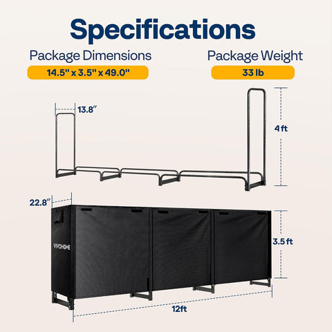 VIVOHOME 12 ft Heavy Duty Firewood Rack Outdoor with Cover, Black