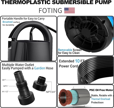 FOTING 1HP Sump Pump 4600GPH Clean/Dirty Submersible Water Pump