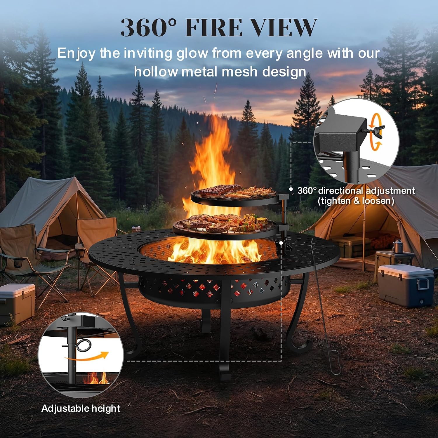 43" Fire Pit, 3 in 1 Firepit with Adjustable 2 Grills for Patio, Party