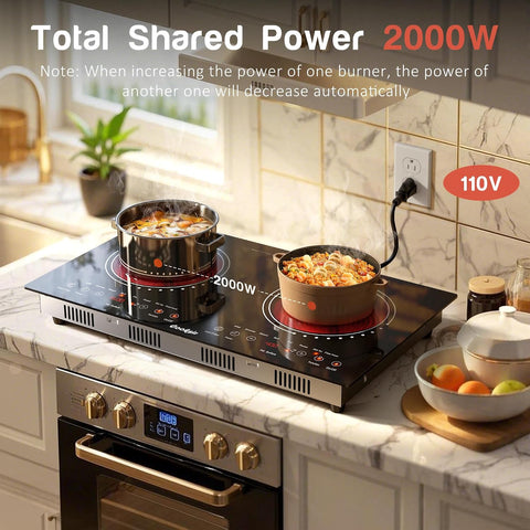 2 Burner Electric Cooktop Total Shard Power 2000W 110v