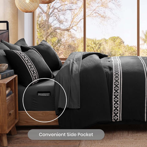 MaiRêve Embroidery Queen Comforter Set 7 Pieces Black Bed in a Bag