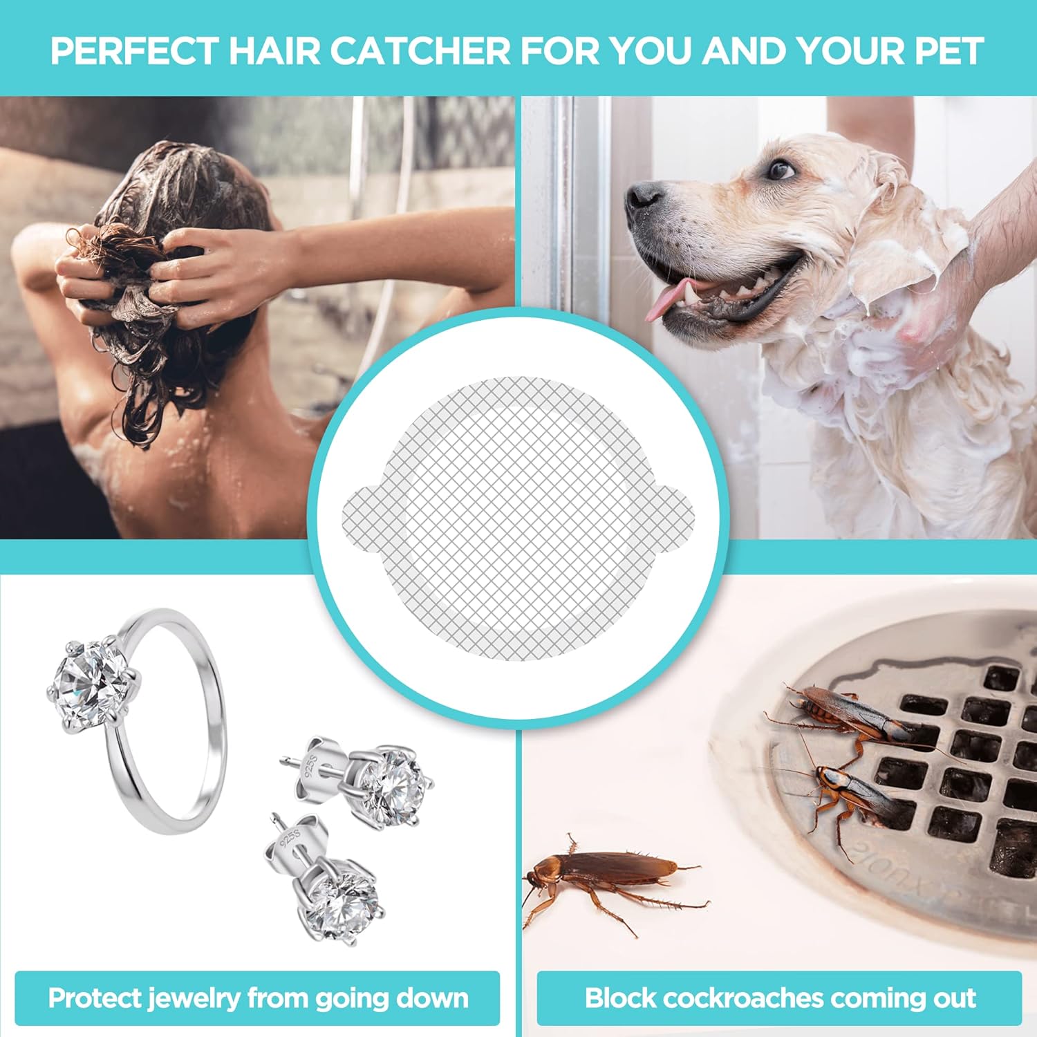 50 Pack Disposable Shower Drain Hair Catcher Mesh Stickers - Peel & Stick Drain Strainers to Prevent Clogs, Strong Waterproof Adhesive, Mess-Free Disposable Drain Covers for Shower & Bathtub