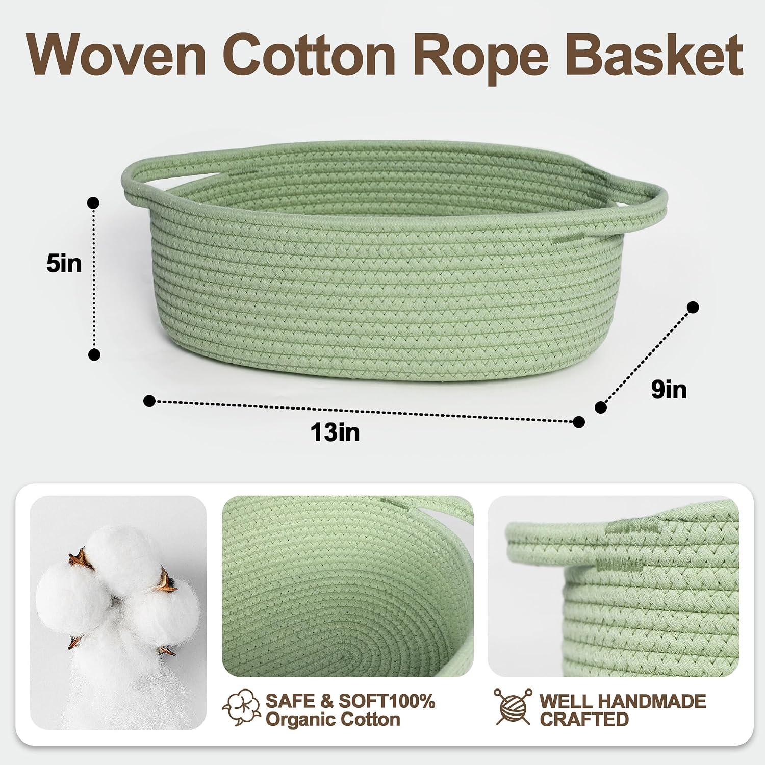 Small Baskets for Gifts Empty, 13"x 9"x 5" Woven Gift Basket with Bag and Ribbon, Cotton Rope Kids Dog Cat Toy Bin Box, Cute Baby Nursery Organizer, Decorative Storage with Handles, Green
