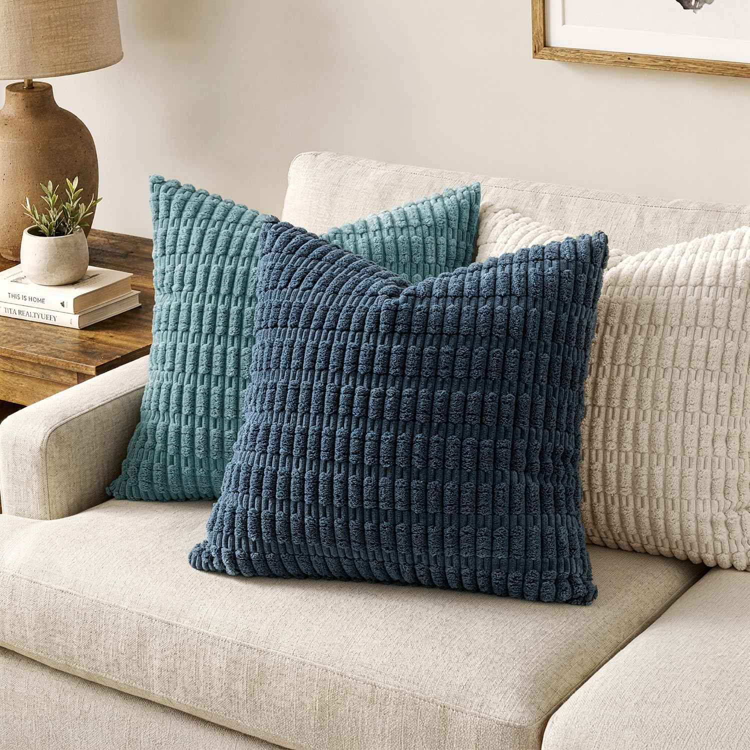 MIULEE Corduroy Decorative Throw Pillow Covers 18x18 Blue Pack of 2